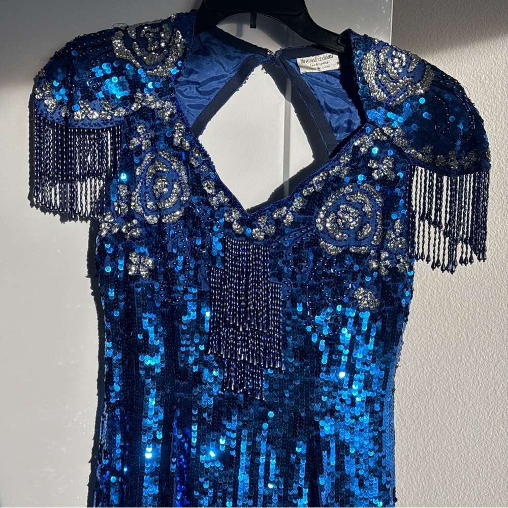Havana Fashions 100% Silk Beaded Sequin Fringe Gown Blue Gatsby Formal Sz 8